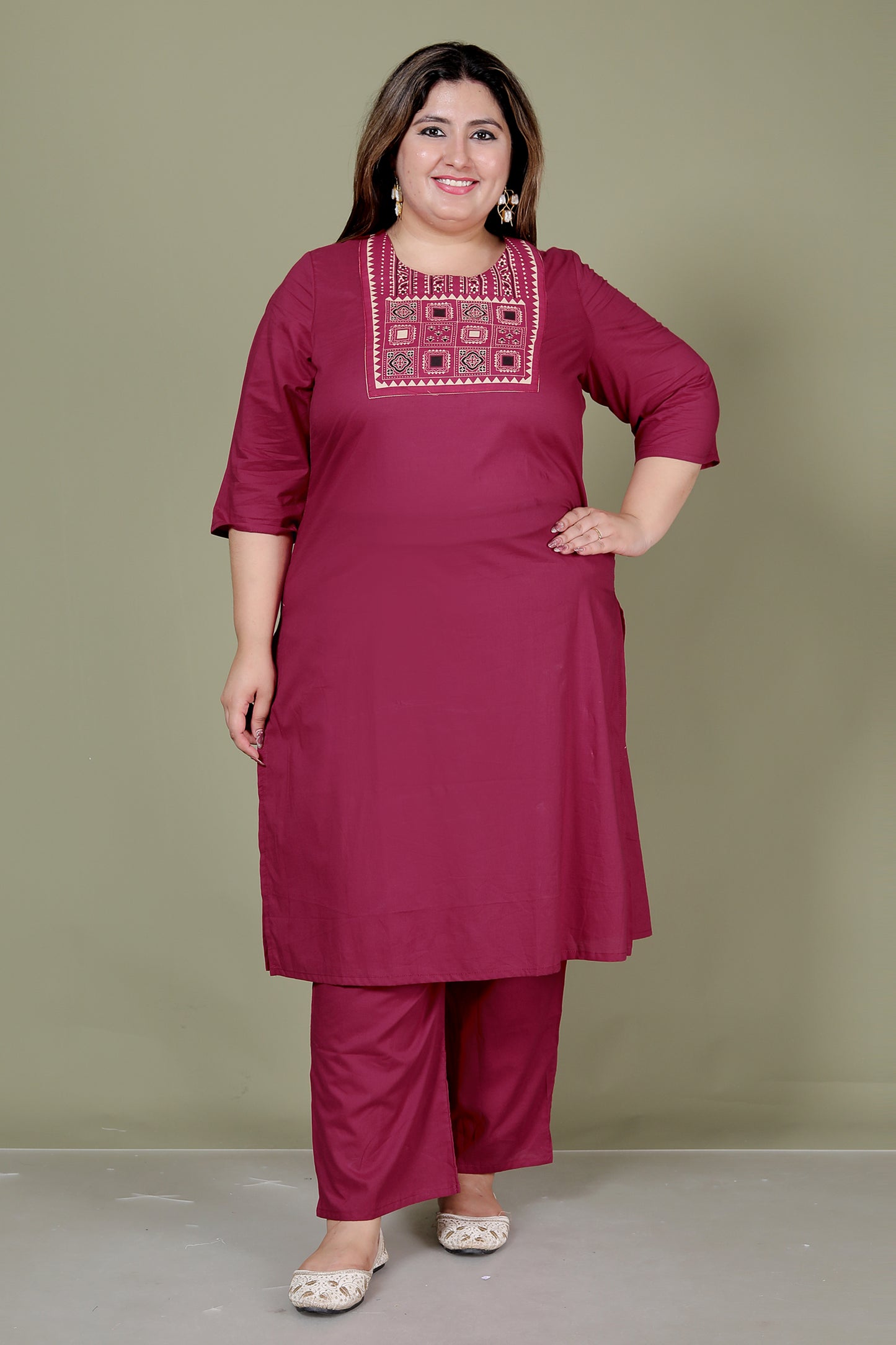 TRIBEL GEOMETRIC SOLID COTTON 3 PEICE KURTI PANT SET IN WINEPINK BY PLUSSIZEKURTI