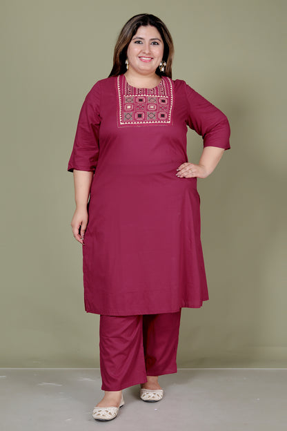 TRIBEL GEOMETRIC SOLID COTTON 3 PEICE KURTI PANT SET IN WINEPINK BY PLUSSIZEKURTI