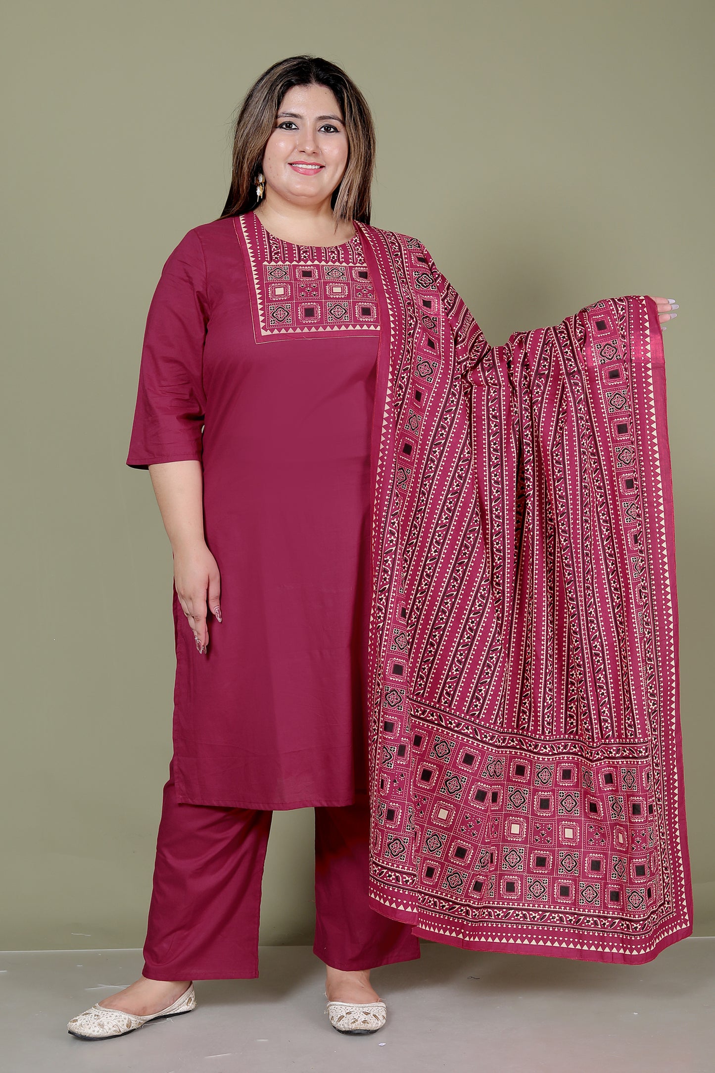 TRIBEL GEOMETRIC SOLID COTTON 3 PEICE KURTI PANT SET IN WINEPINK BY PLUSSIZEKURTI