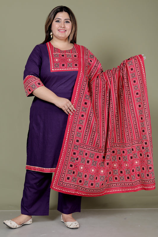 TRIBEL GEOMETRIC SOLID COTTON 3 PEICE KURTI PANT SET IN PURPLE BY PLUSSIZEKURTI