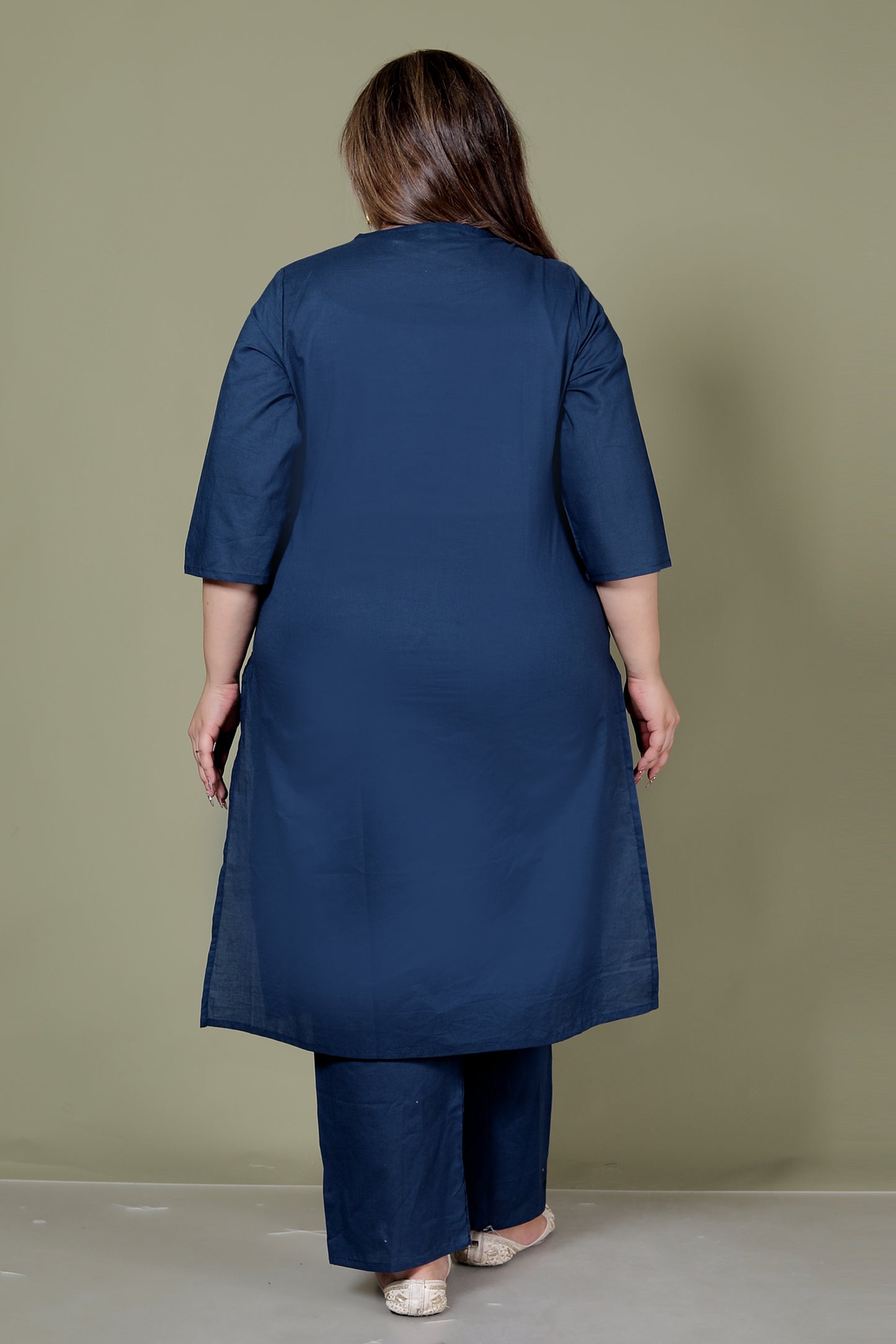 TRIBEL GEOMETRIC SOLID COTTON 3 PEICE KURTI PANT SET IN BLUE BY PLUSSIZEKURTI
