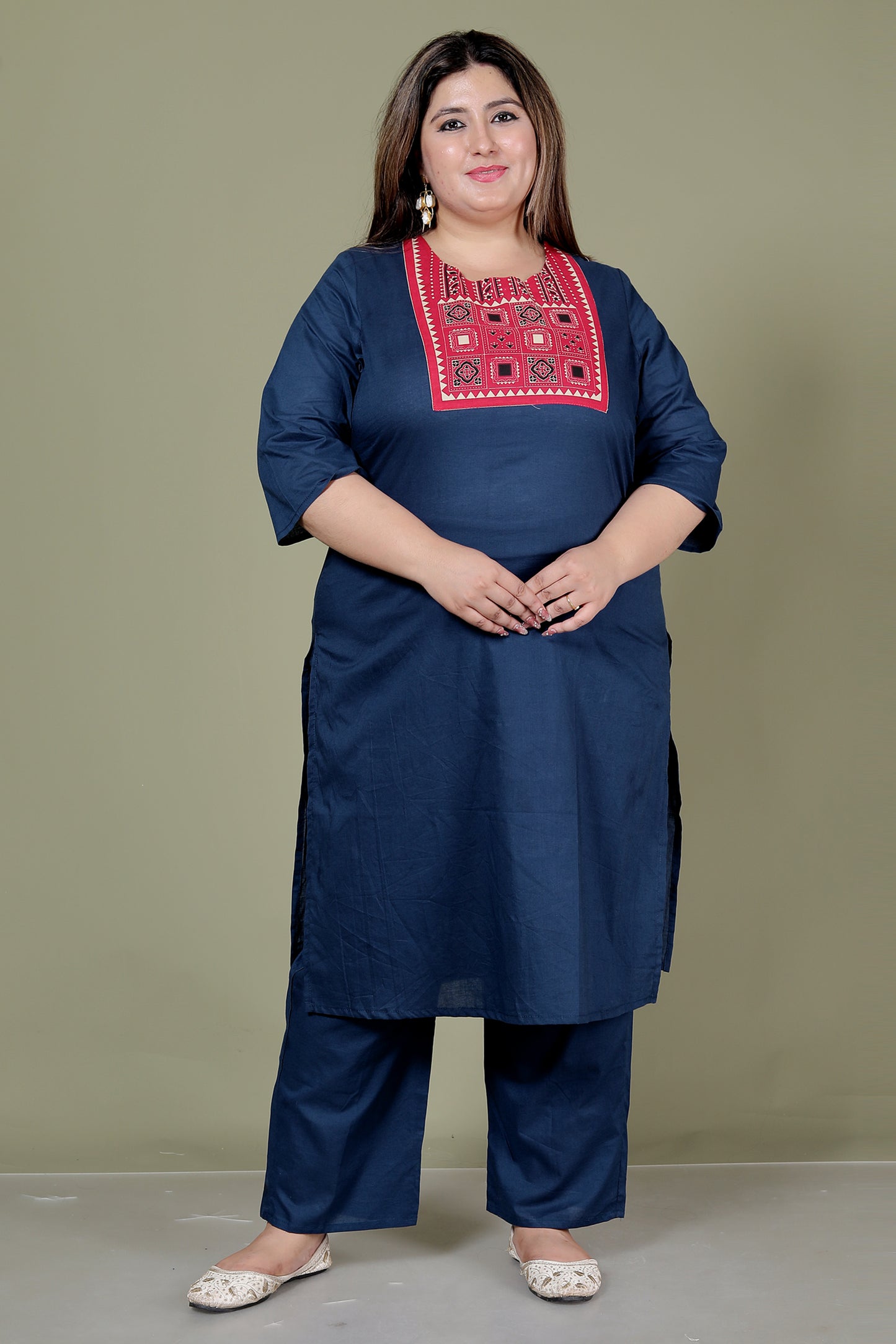 TRIBEL GEOMETRIC SOLID COTTON 3 PEICE KURTI PANT SET IN BLUE BY PLUSSIZEKURTI
