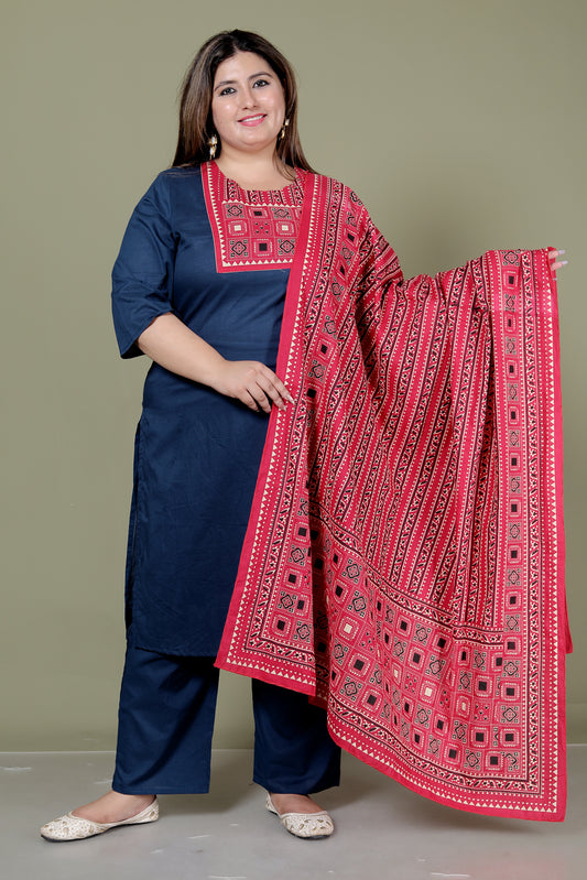 TRIBEL GEOMETRIC SOLID COTTON 3 PEICE KURTI PANT SET IN BLUE BY PLUSSIZEKURTI