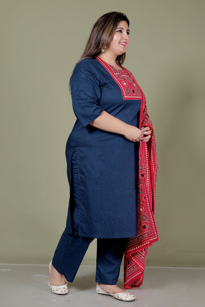 TRIBEL GEOMETRIC SOLID COTTON 3 PEICE KURTI PANT SET IN BLUE BY PLUSSIZEKURTI