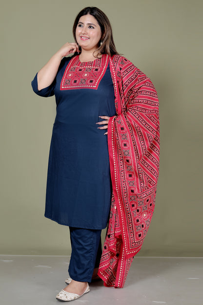 TRIBEL GEOMETRIC SOLID COTTON 3 PEICE KURTI PANT SET IN BLUE BY PLUSSIZEKURTI