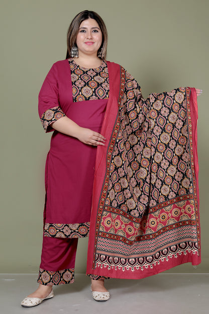 GEOMETRIC FLORAL SOLID COTTON 3 PEICE KURTI PANT SET IN WINEPINK BY PLUSSIZEKURTI