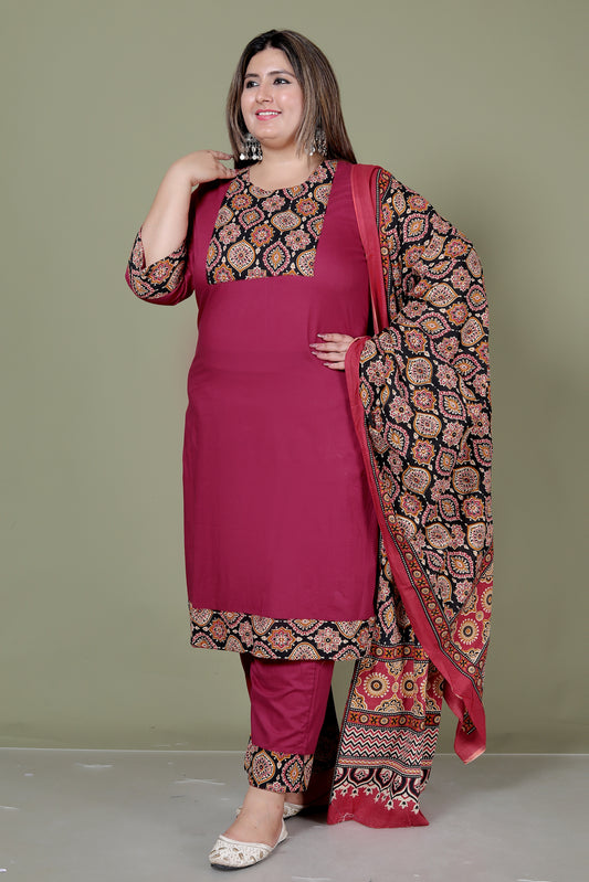 GEOMETRIC FLORAL SOLID COTTON 3 PEICE KURTI PANT SET IN WINEPINK BY PLUSSIZEKURTI