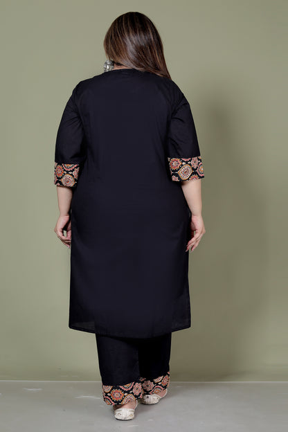 GEOMETRIC FLORAL SOLID COTTON 3 PEICE KURTI PANT SET IN BLACK BY PLUSSIZEKURTI