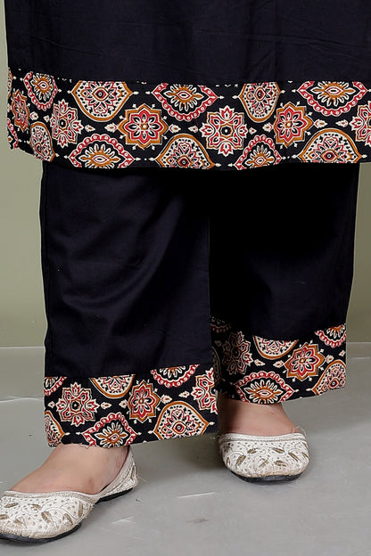 GEOMETRIC FLORAL SOLID COTTON 3 PEICE KURTI PANT SET IN BLACK BY PLUSSIZEKURTI