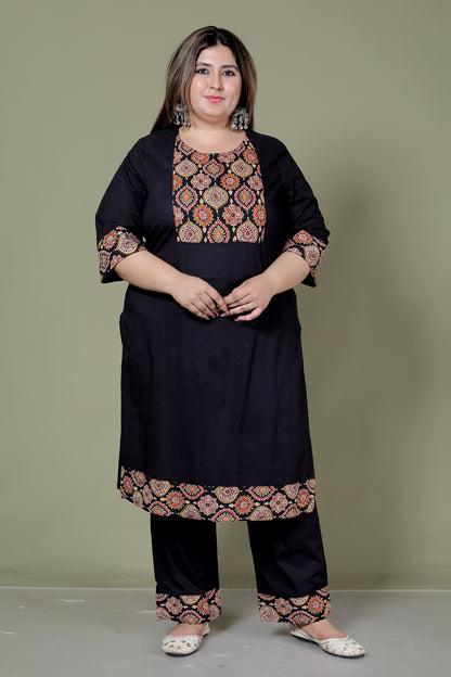GEOMETRIC FLORAL SOLID COTTON 3 PEICE KURTI PANT SET IN BLACK BY PLUSSIZEKURTI