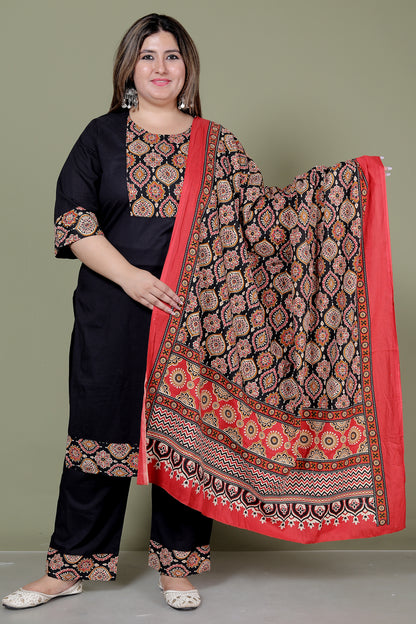 GEOMETRIC FLORAL SOLID COTTON 3 PEICE KURTI PANT SET IN BLACK BY PLUSSIZEKURTI
