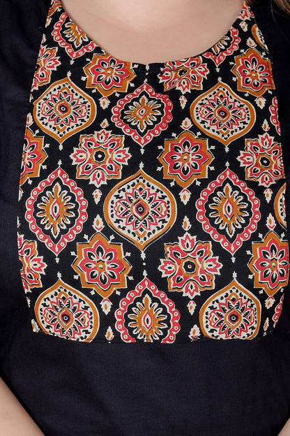 GEOMETRIC FLORAL SOLID COTTON 3 PEICE KURTI PANT SET IN BLACK BY PLUSSIZEKURTI