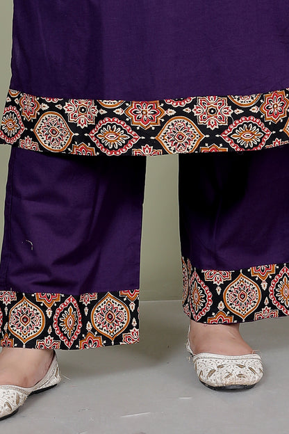 GEOMETRIC FLORAL SOLID COTTON 3 PEICE KURTI PANT SET IN PURPLE BY PLUSSIZEKURTI