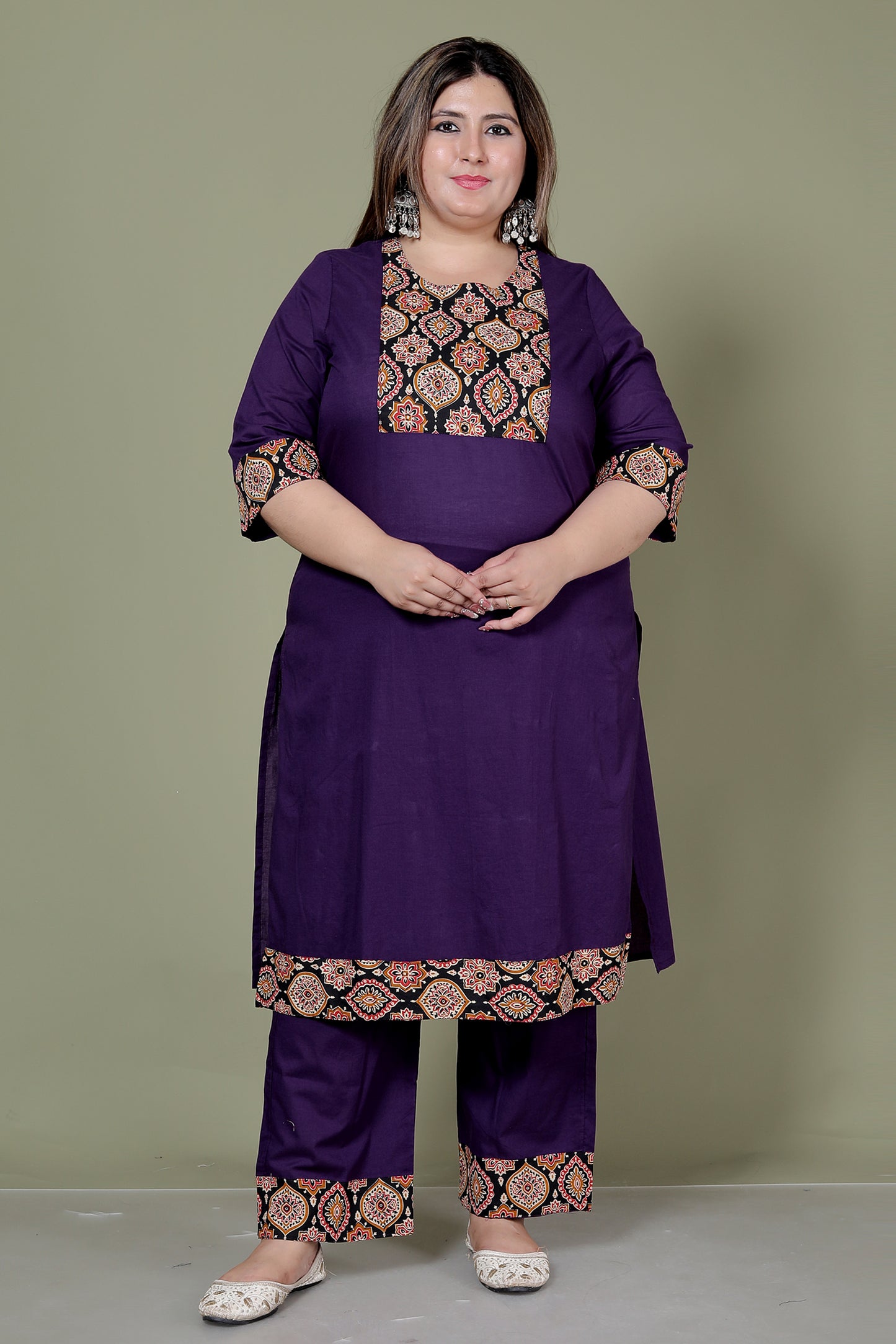 GEOMETRIC FLORAL SOLID COTTON 3 PEICE KURTI PANT SET IN PURPLE BY PLUSSIZEKURTI