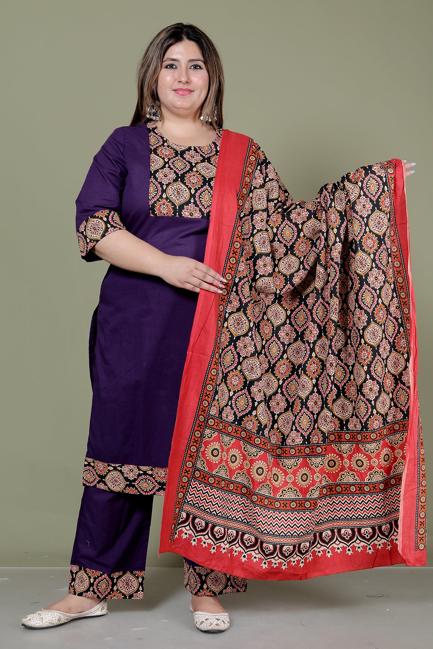 GEOMETRIC FLORAL SOLID COTTON 3 PEICE KURTI PANT SET IN PURPLE BY PLUSSIZEKURTI