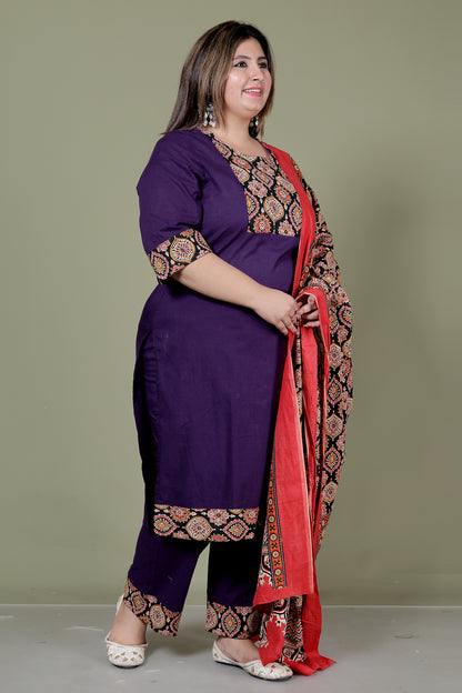 GEOMETRIC FLORAL SOLID COTTON 3 PEICE KURTI PANT SET IN PURPLE BY PLUSSIZEKURTI