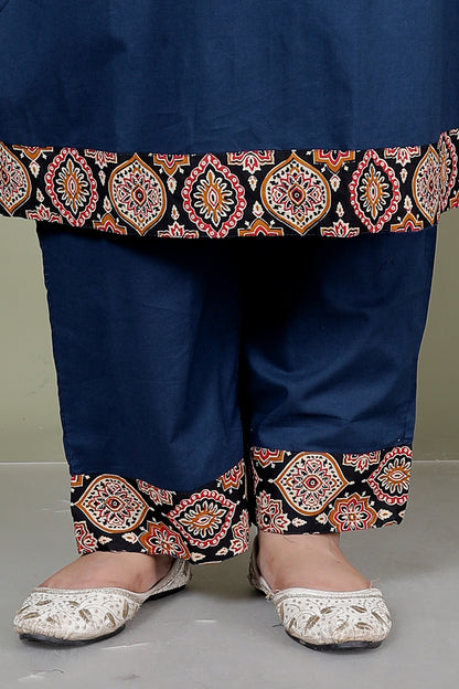 GEOMETRIC FLORAL SOLID COTTON 3 PEICE KURTI PANT SET IN BLUE BY PLUSSIZEKURTI