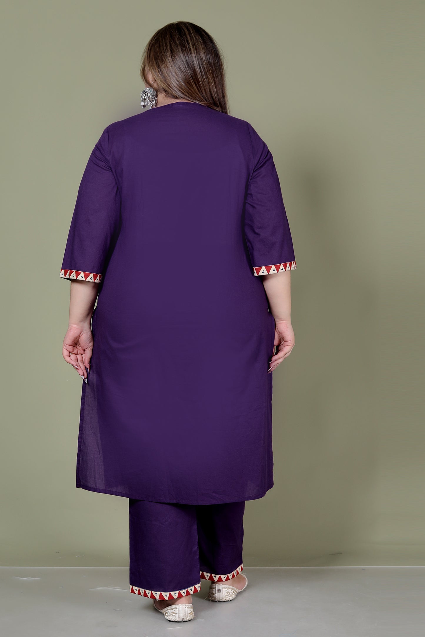 TRIBAL STRIPE SOLID COTTON 3 PEICE KURTI PANT SET IN PURPLE BY PLUSSIZEKURTI