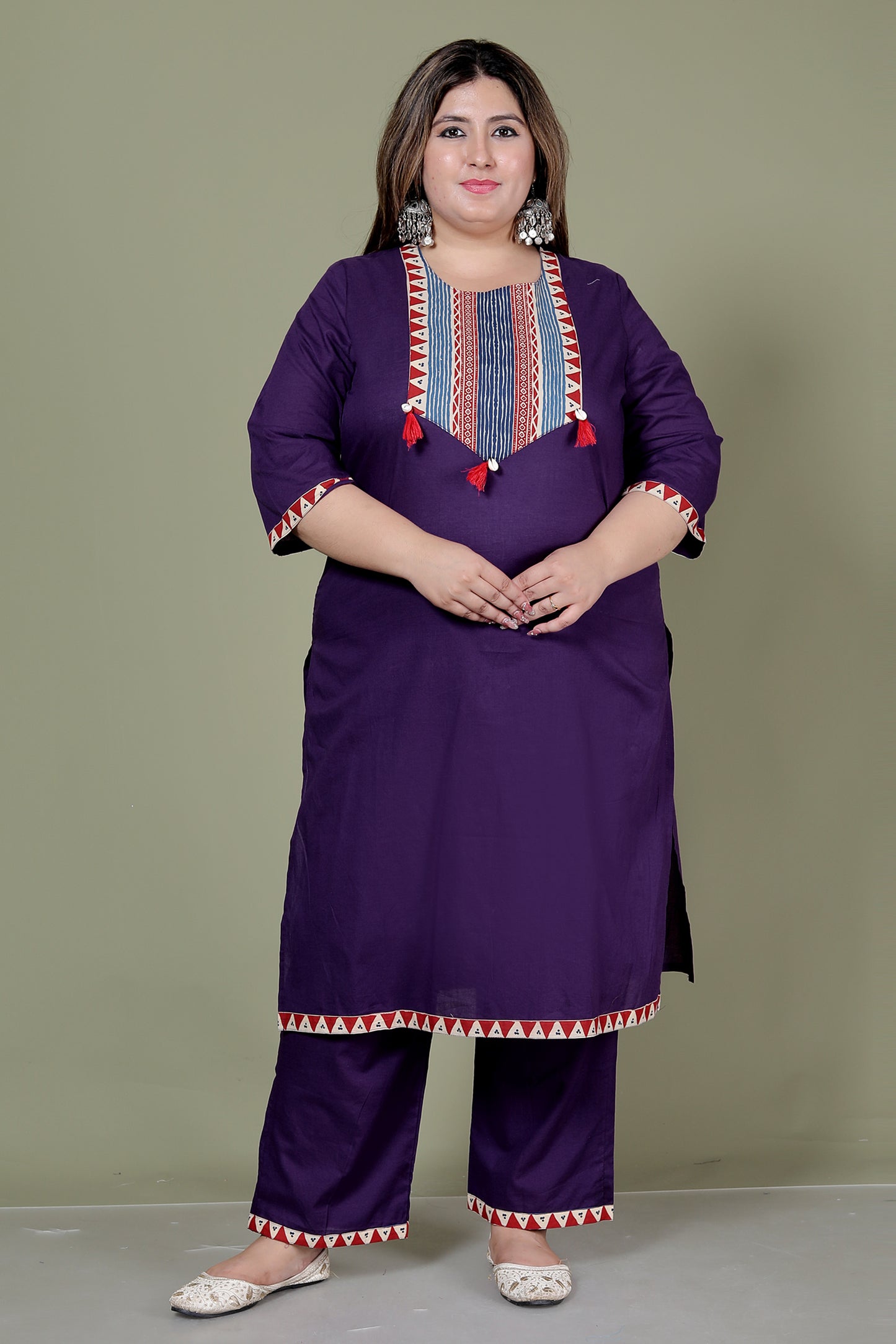 TRIBAL STRIPE SOLID COTTON 3 PEICE KURTI PANT SET IN PURPLE BY PLUSSIZEKURTI