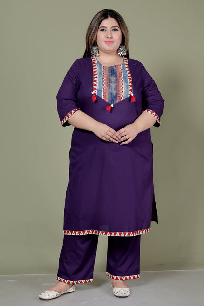 TRIBAL STRIPE SOLID COTTON 3 PEICE KURTI PANT SET IN PURPLE BY PLUSSIZEKURTI
