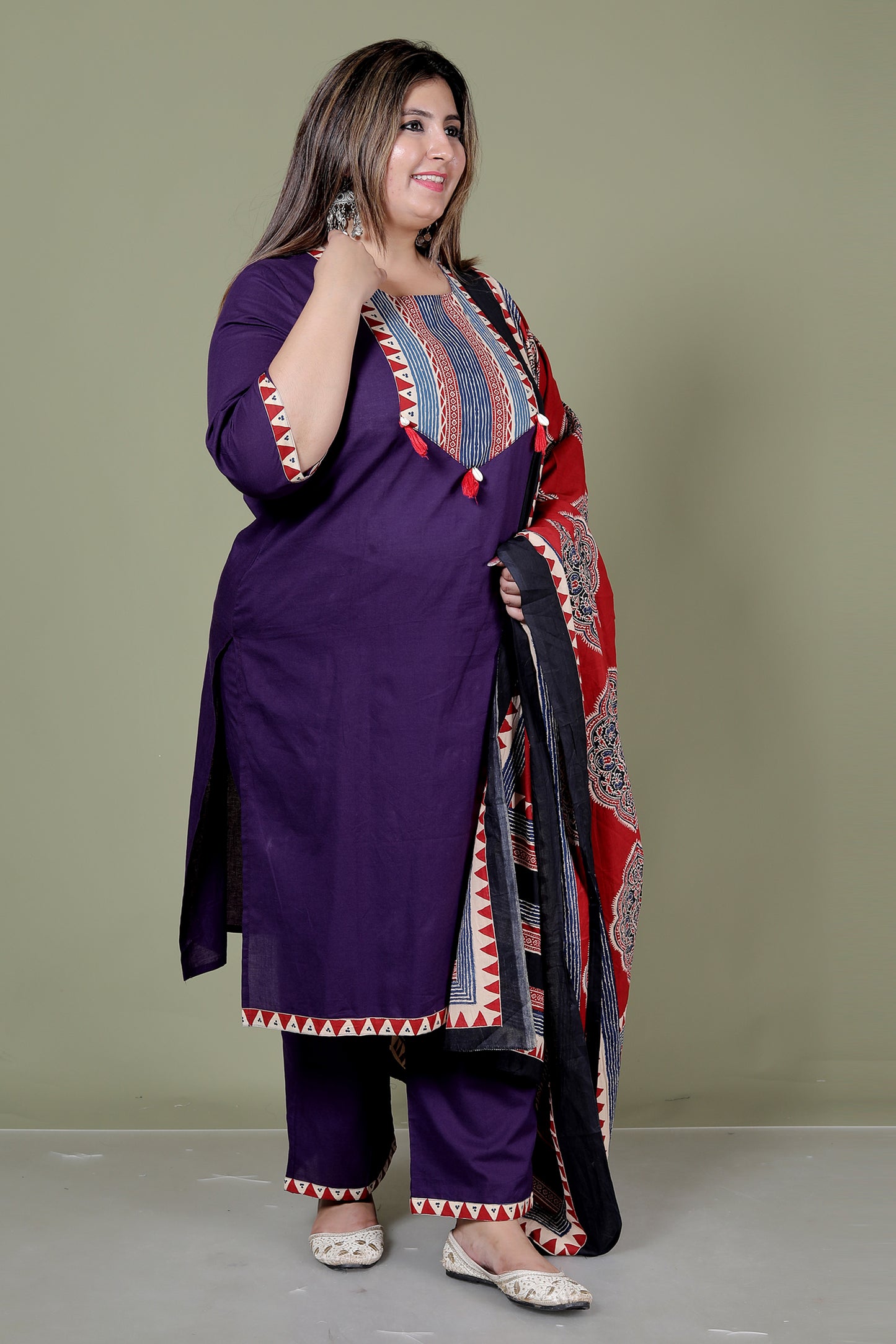 TRIBAL STRIPE SOLID COTTON 3 PEICE KURTI PANT SET IN PURPLE BY PLUSSIZEKURTI
