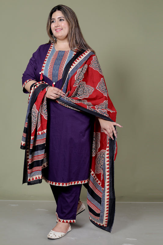 TRIBAL STRIPE SOLID COTTON 3 PEICE KURTI PANT SET IN PURPLE BY PLUSSIZEKURTI