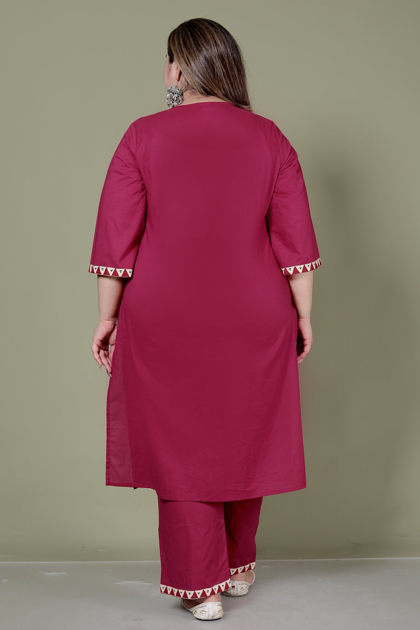 TRIBAL STRIPE SOLID COTTON 3 PEICE KURTI PANT SET IN MAHROON BY PLUSSIZEKURTI