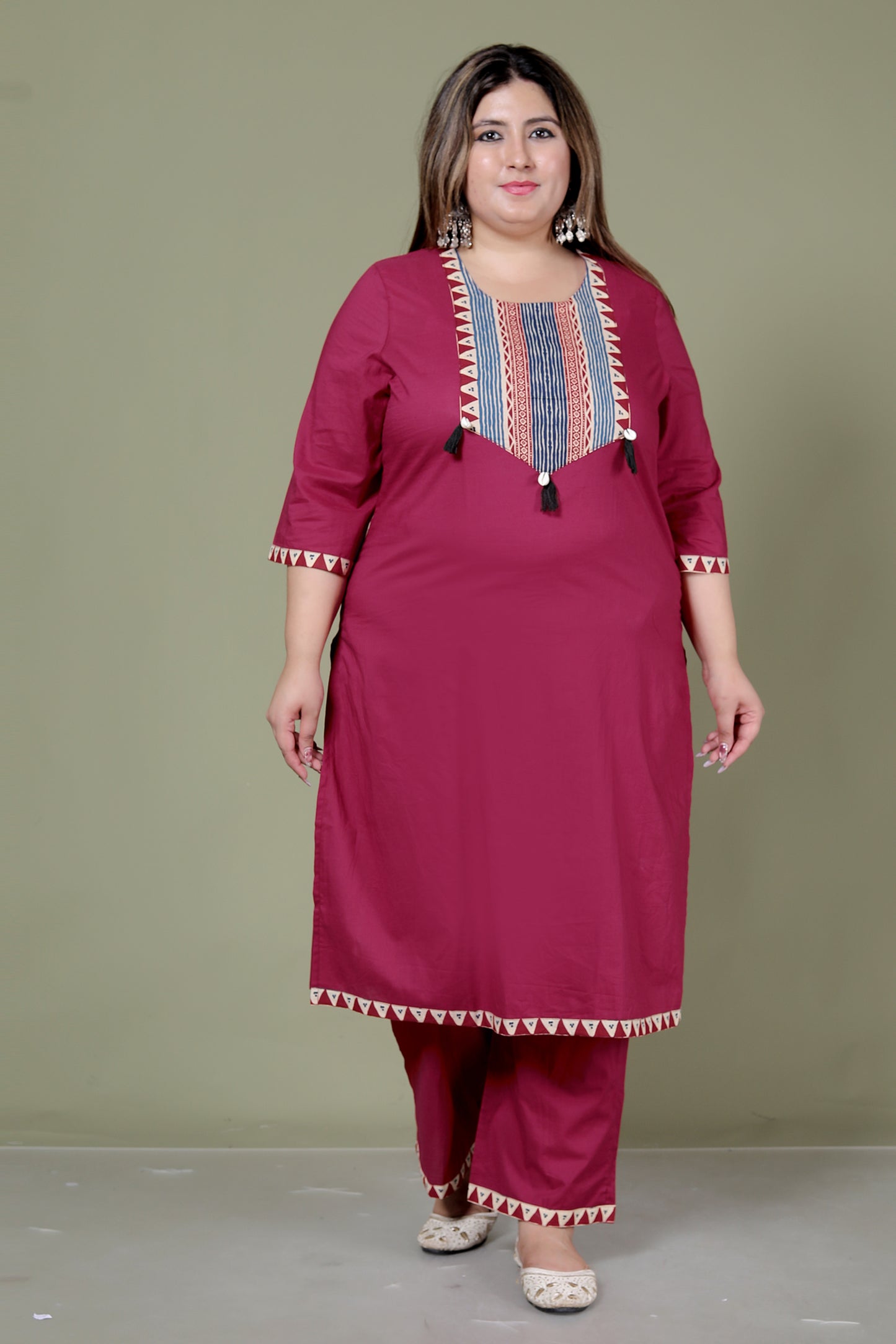 TRIBAL STRIPE SOLID COTTON 3 PEICE KURTI PANT SET IN MAHROON BY PLUSSIZEKURTI