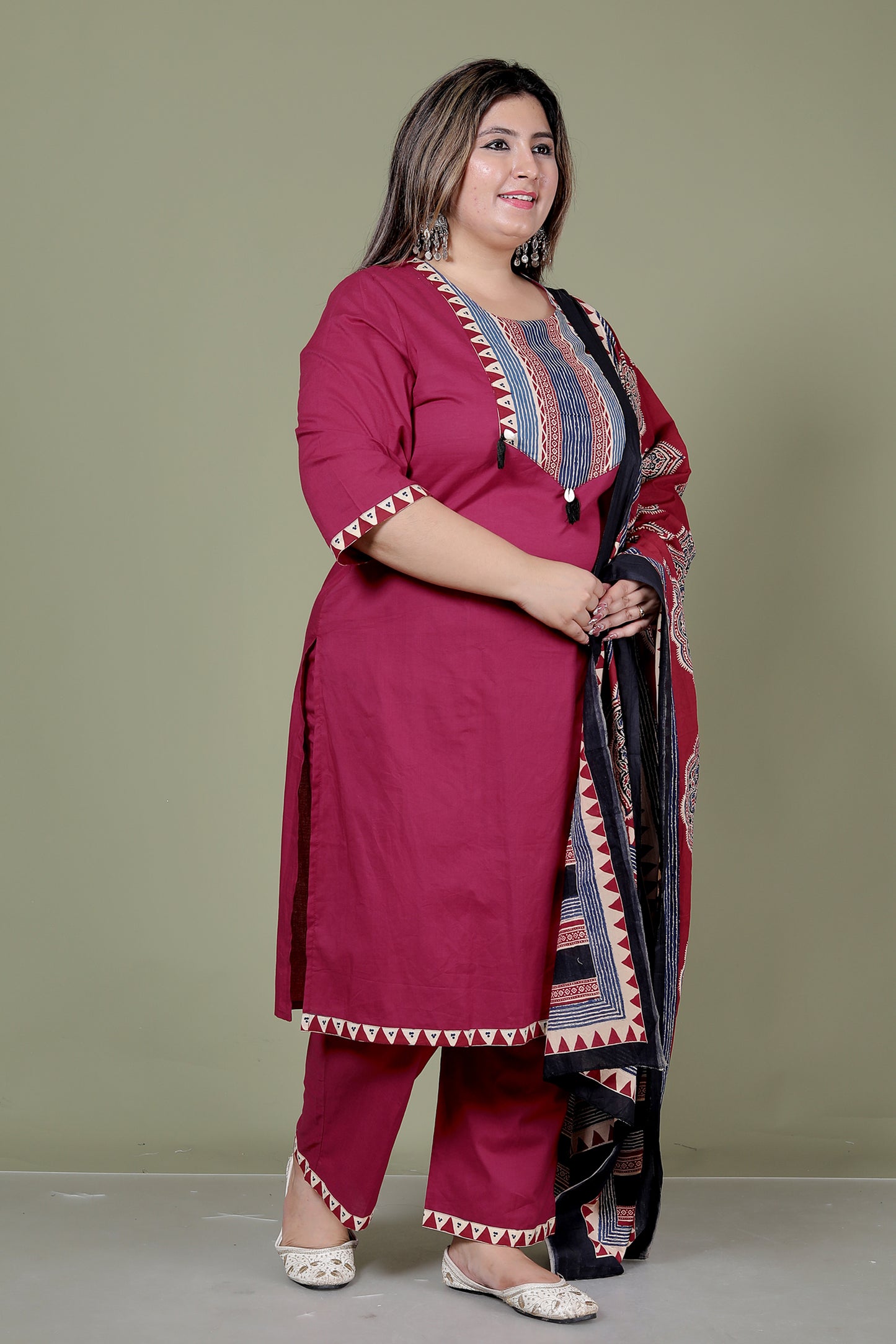 TRIBAL STRIPE SOLID COTTON 3 PEICE KURTI PANT SET IN MAHROON BY PLUSSIZEKURTI