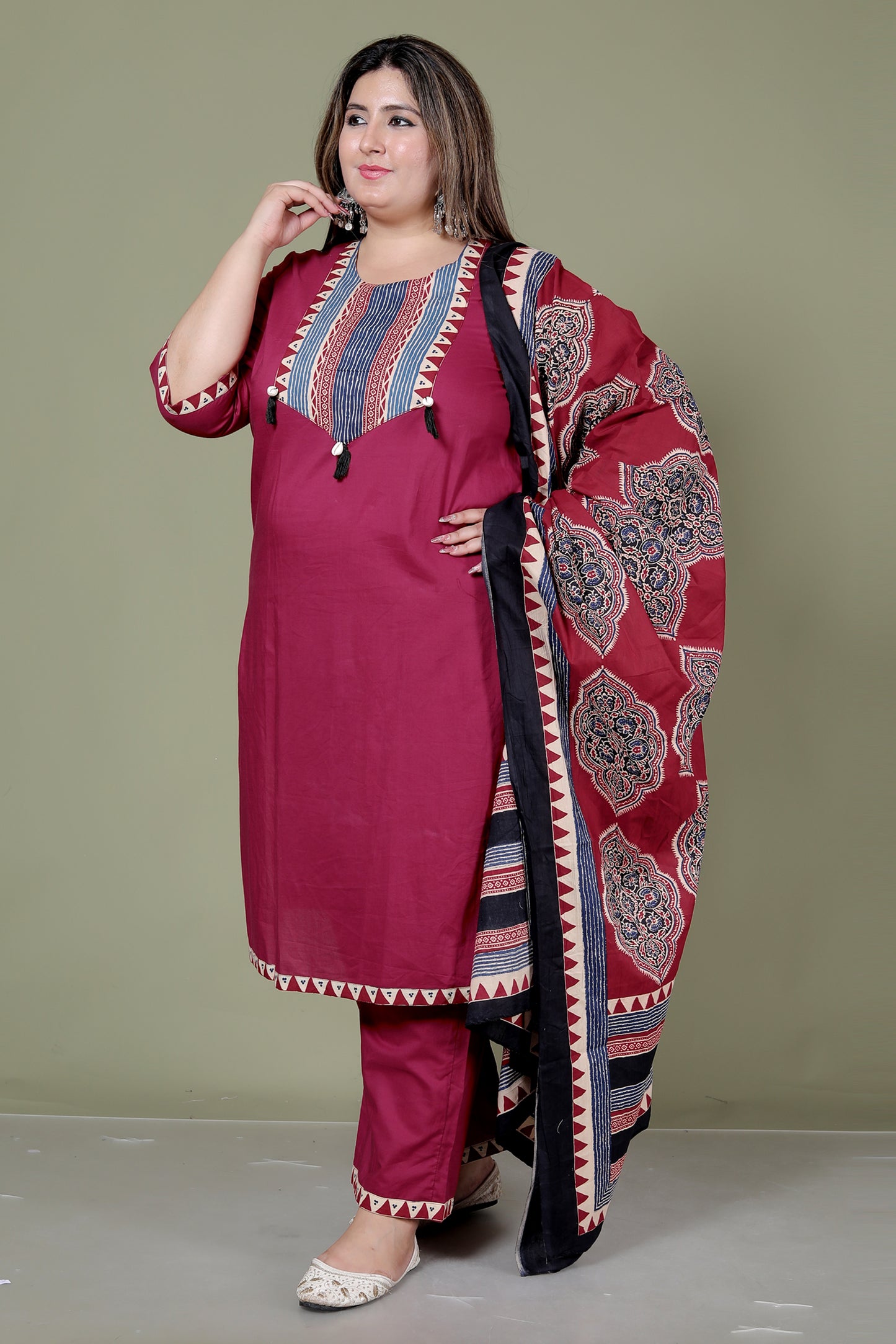 TRIBAL STRIPE SOLID COTTON 3 PEICE KURTI PANT SET IN MAHROON BY PLUSSIZEKURTI