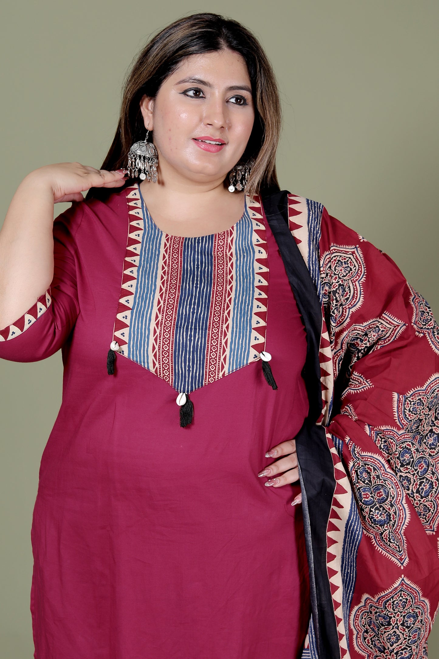 TRIBAL STRIPE SOLID COTTON 3 PEICE KURTI PANT SET IN MAHROON BY PLUSSIZEKURTI