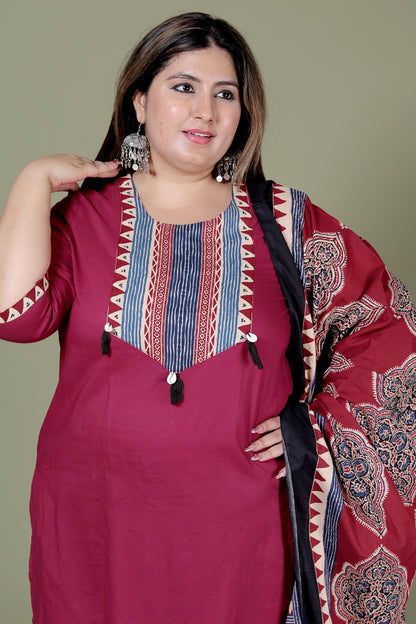 TRIBAL STRIPE SOLID COTTON 3 PEICE KURTI PANT SET IN MAHROON BY PLUSSIZEKURTI