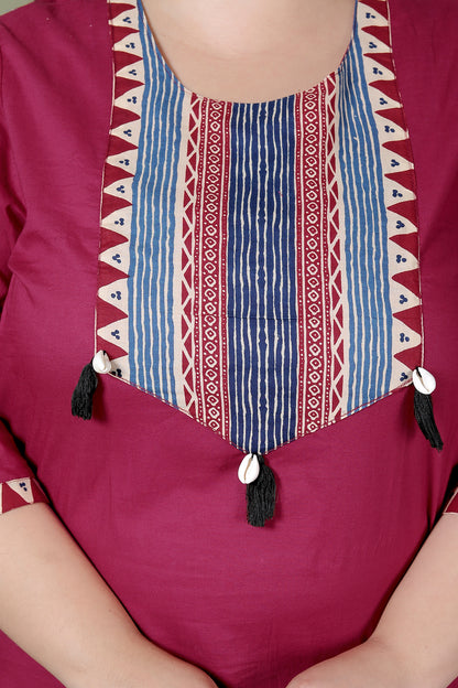 TRIBAL STRIPE SOLID COTTON 3 PEICE KURTI PANT SET IN MAHROON BY PLUSSIZEKURTI