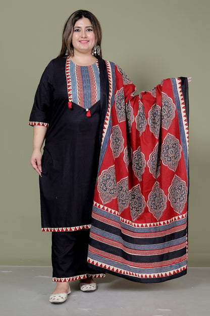 TRIBAL STRIPE SOLID COTTON 3 PEICE KURTI PANT SET IN BLACK BY PLUSSIZEKURTI