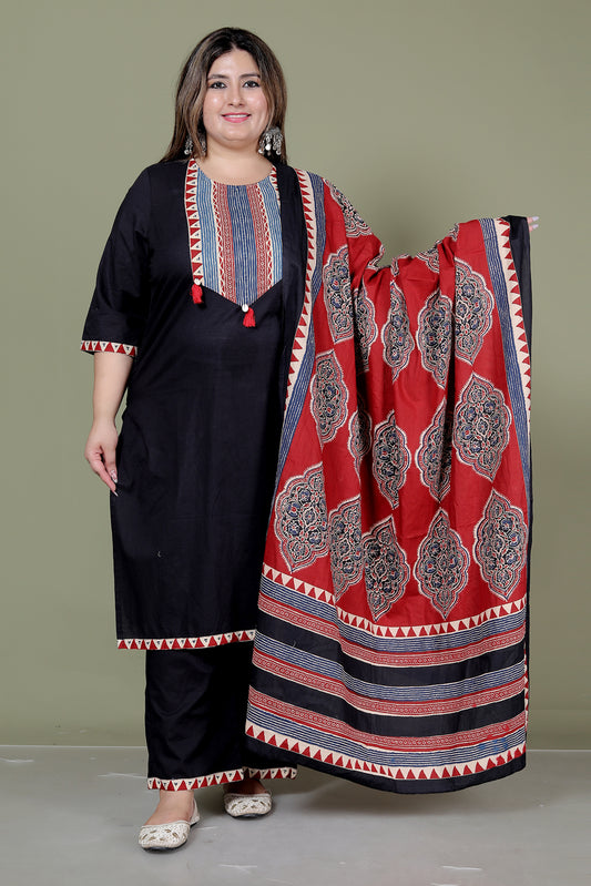 TRIBAL STRIPE SOLID COTTON 3 PEICE KURTI PANT SET IN BLACK BY PLUSSIZEKURTI