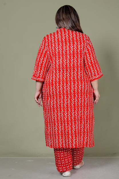 ABSTRACT PRINT COTTON 2 PEICE KURTA PLAZZO IN RED BY PLUSSIZEKURTI