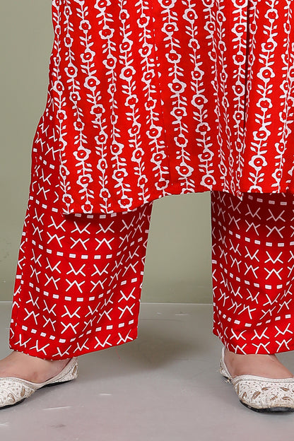 ABSTRACT PRINT COTTON 2 PEICE KURTA PLAZZO IN RED BY PLUSSIZEKURTI