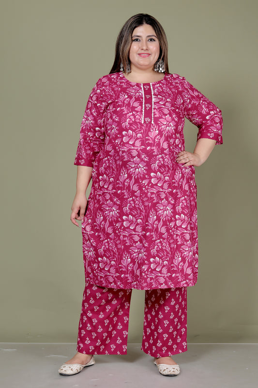 FLORAL PRINT COTTON 2 PEICE KURTA PANT IN WINE PINK BY PLUSSIZEKURTI