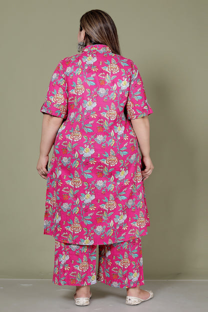 FLORAL PRINT COTTON 2 PEICE KURTA PLAZZO IN RANIPINK BY PLUSSIZEKURTI