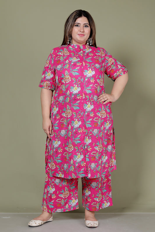 FLORAL PRINT COTTON 2 PEICE KURTA PLAZZO IN RANIPINK BY PLUSSIZEKURTI