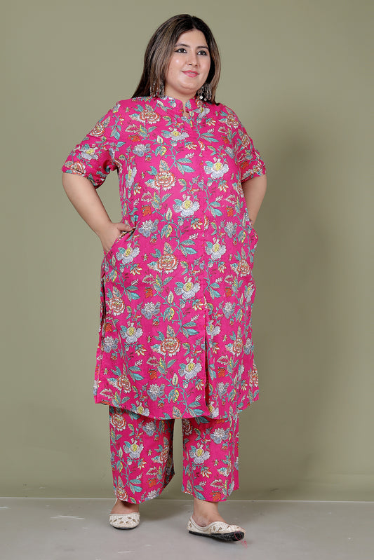 FLORAL PRINT COTTON 2 PEICE KURTA PLAZZO IN RANIPINK BY PLUSSIZEKURTI