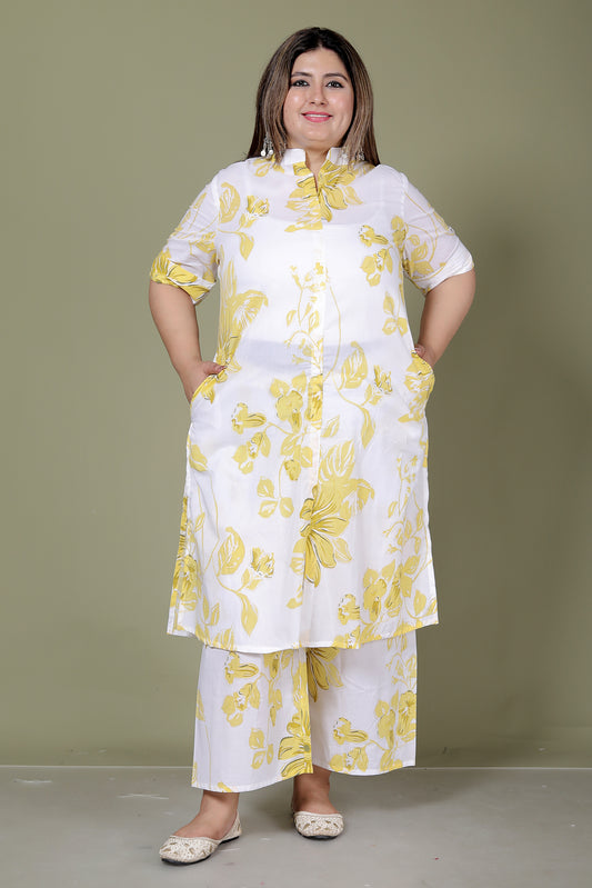 FLORAL PRINT COTTON 2 PEICE KURTA PLAZZO IN YELLOW BY PLUSSIZEKURTI