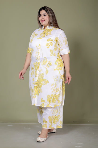 FLORAL PRINT COTTON 2 PEICE KURTA PLAZZO IN YELLOW BY PLUSSIZEKURTI