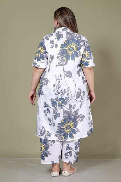 FLORAL SKETCH PRINT COTTON 2 PEICE KURTA PLAZZO IN WHITE BY PLUSSIZEKURTI