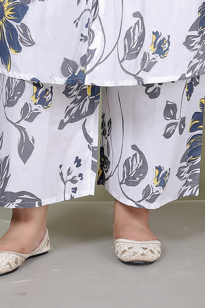 FLORAL SKETCH PRINT COTTON 2 PEICE KURTA PLAZZO IN WHITE BY PLUSSIZEKURTI