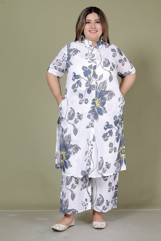 FLORAL SKETCH PRINT COTTON 2 PEICE KURTA PLAZZO IN WHITE BY PLUSSIZEKURTI