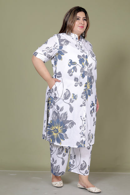 FLORAL SKETCH PRINT COTTON 2 PEICE KURTA PLAZZO IN WHITE BY PLUSSIZEKURTI