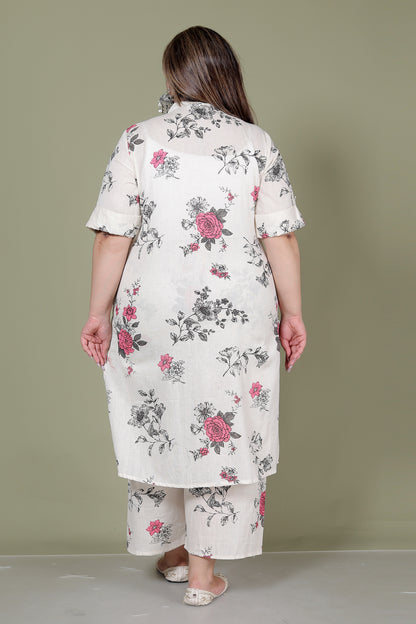 FLORAL PRINT COTTON FLEX 2 PEICE KURTA PLAZZO IN CREME/PINK BY PLUSSIZEKURTI