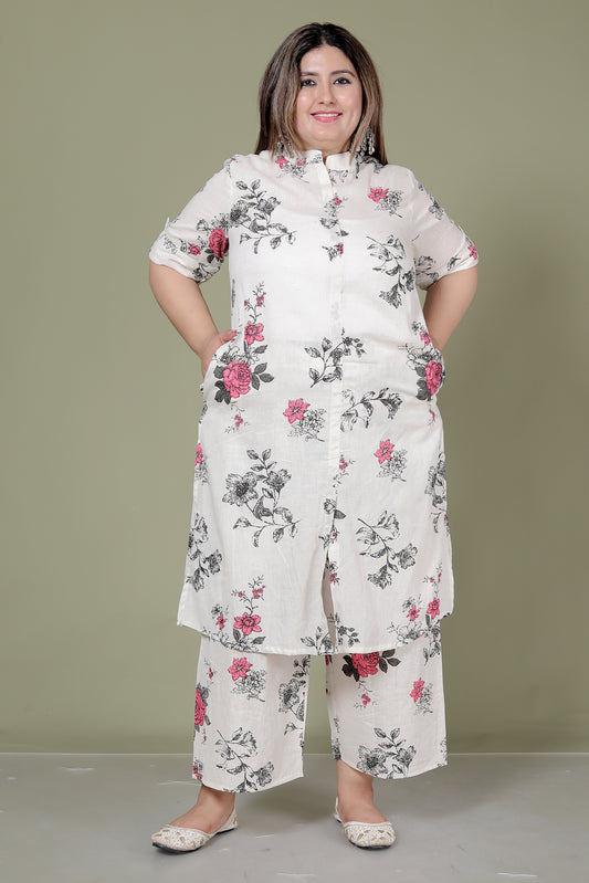 FLORAL PRINT COTTON FLEX 2 PEICE KURTA PLAZZO IN CREME/PINK BY PLUSSIZEKURTI