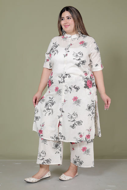 FLORAL PRINT COTTON FLEX 2 PEICE KURTA PLAZZO IN CREME/PINK BY PLUSSIZEKURTI